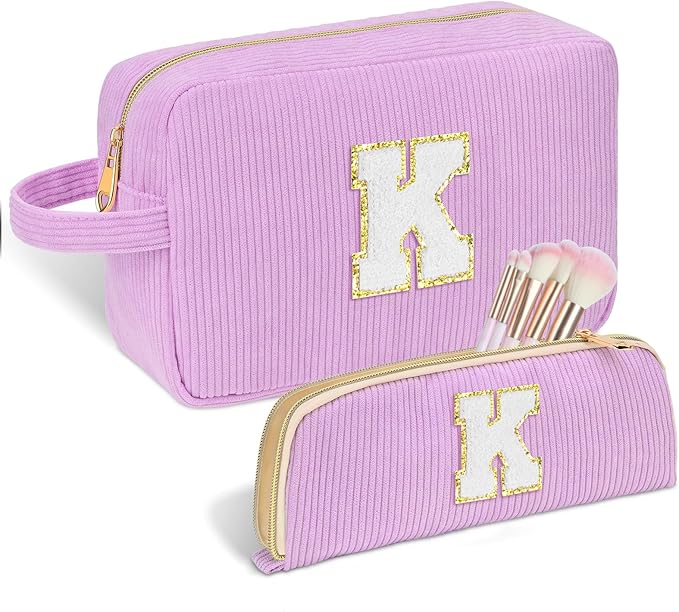 Sernaxi Personalized Initial Makeup Bag Trendy Stuff Corduroy Cosmetic Bag Travel Toiletry Bag, Valentine’s Day Gift Makeup Organizer Case & Makeup Pouch for Women teen Girls Mom Girlfriend Wife