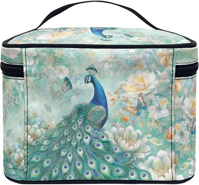 Drydeepin Peacock Butterfly Peony Flower Print Travel Makeup Bags for Women Portable Tote Cosmetic Case with Carry Handle Toiletry Accessories Storage Organizer Bags