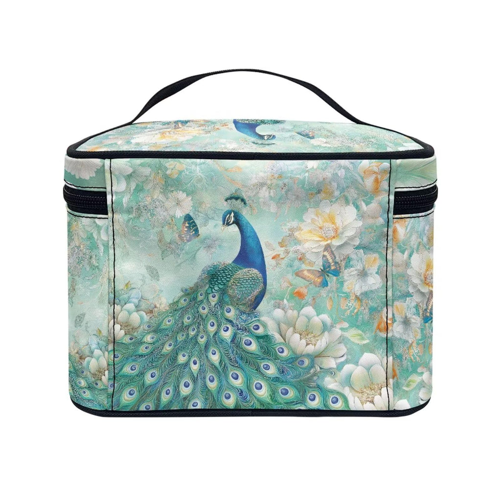 Drydeepin Peacock Butterfly Peony Flower Print Travel Makeup Bags for Women Portable Tote Cosmetic Case with Carry Handle Toiletry Accessories Storage Organizer Bags