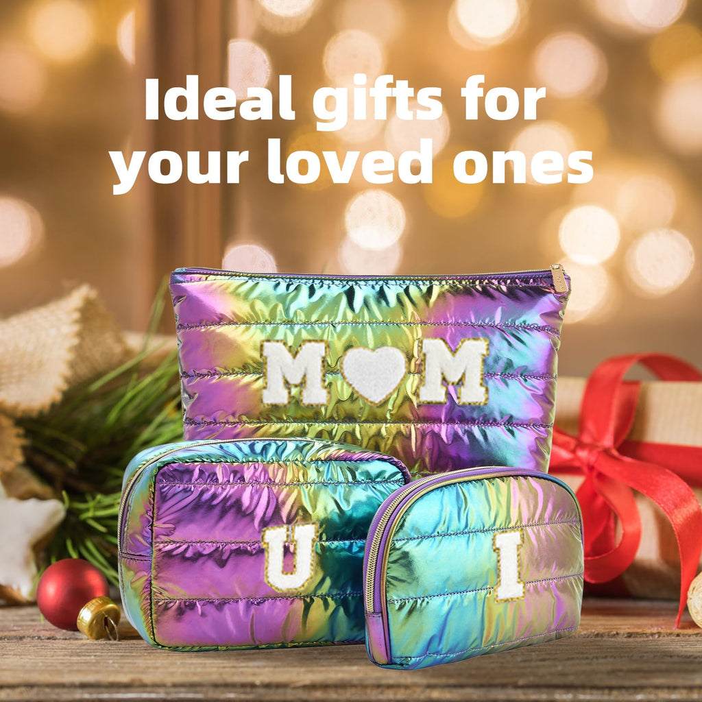 Hiroyuki 3pcs Iridescent Quilted Makeup Bag (ILOVEUMOM, rainbow)