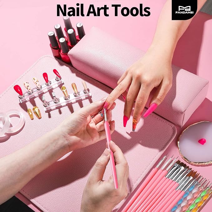 FANDAMEI Nail Art Tools, Nail Design Tools, Nail Art Brushes, Nail Brush Set With Nail Stand, Nail Holder For Painting Nails, 11PCS Nail Brushes For Nail Art, Nail Dotting Tool, Nail Art Palette, Pink
