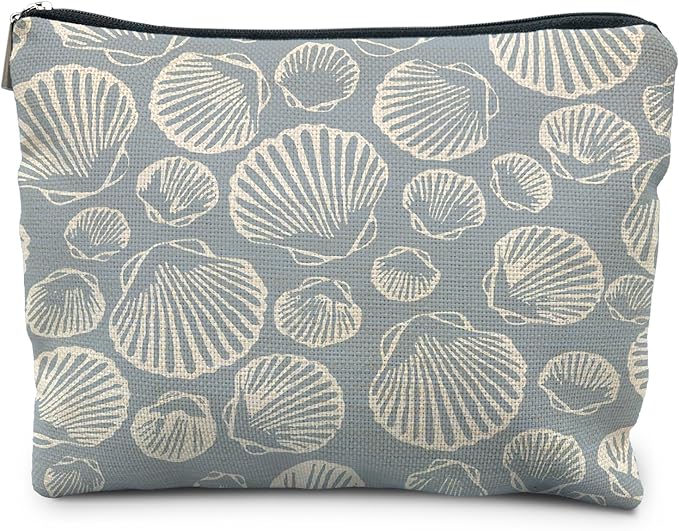 RYYCDOI Coastal Beach Makeup Bag - Aesthetic Sea Shell Cosmetic Pouch for Women, Beach Gifts, Vacation Gifts, Light Blue Beachy White Pouch