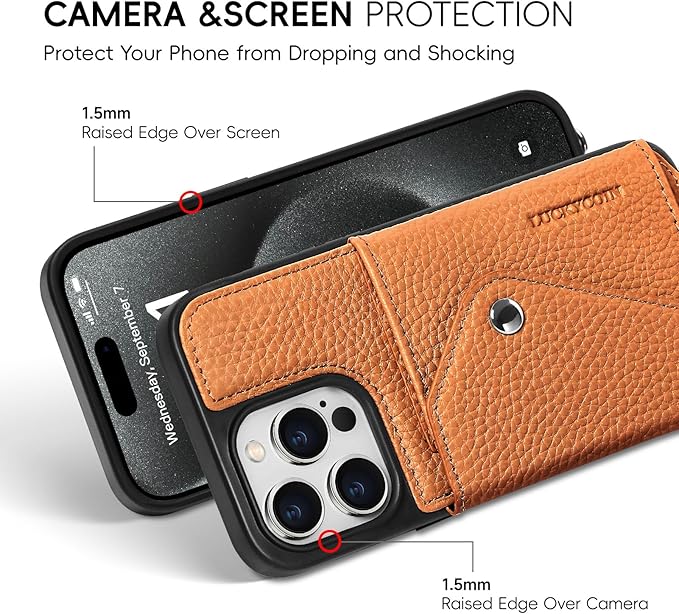 LUCKYCOIN Crossbody Phone Case for iPhone 15 Pro Max,100% Genuine Leather Phone Wallet Case for Women, Premium Hands-Free Phone Purse with Expandable Flip Card Holder & Adjustable Strap - Pebble Brown