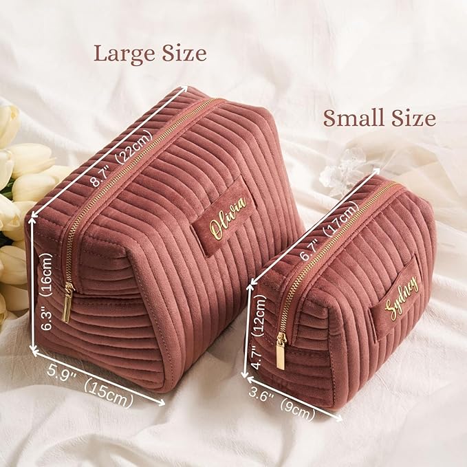 Snirov Custom Makeup Bag, Green Velvet Personalized Cosmetic Bag with Zipper for Women Teen Girls Birthday Gifts Mothers Day Gifts for Mom