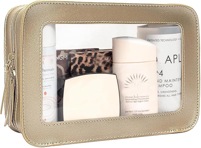 FFpaw Clear Makeup Bag, Gold Travel Makeup Pouch Toiletry Bag for Women Waterproof Small Cosmetic Bag Case Small Make Up Bag with Zipper Car Organizer Car Essentials for Women Men