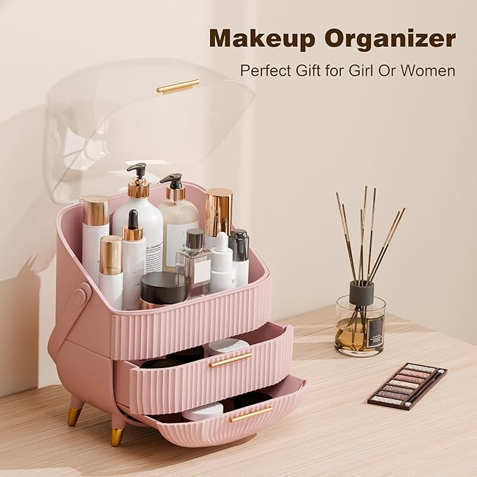 lurcns Vanity Organizer with Lid and Drawers, Beauty Skin Care Storage for Countertop, Birthday Gift for Teen Girls, 10 11 12 13 14 15 16 17 18 Year Old Girl Gifts, Pink Makeup Holder for Dresser