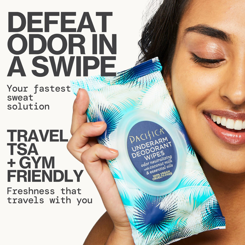 Pacifica Underarm Deodorant Wipes & Makeup Remover Face Wipes Bundle – Aluminum-Free Odor Control & Facial Cleansing Towelettes, 2-Pack (30ct Each, 60 Total) – Vegan, Cruelty-Free Travel Essentials