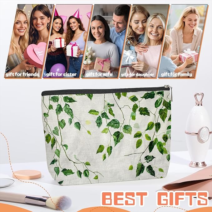 Scribesense Makeup Bag Travel Cosmetic Bags Small Makeup Case Waterproof Zipper Pouch for Women Girls 7X9inches - Green Ivy Leaves Cascading on White