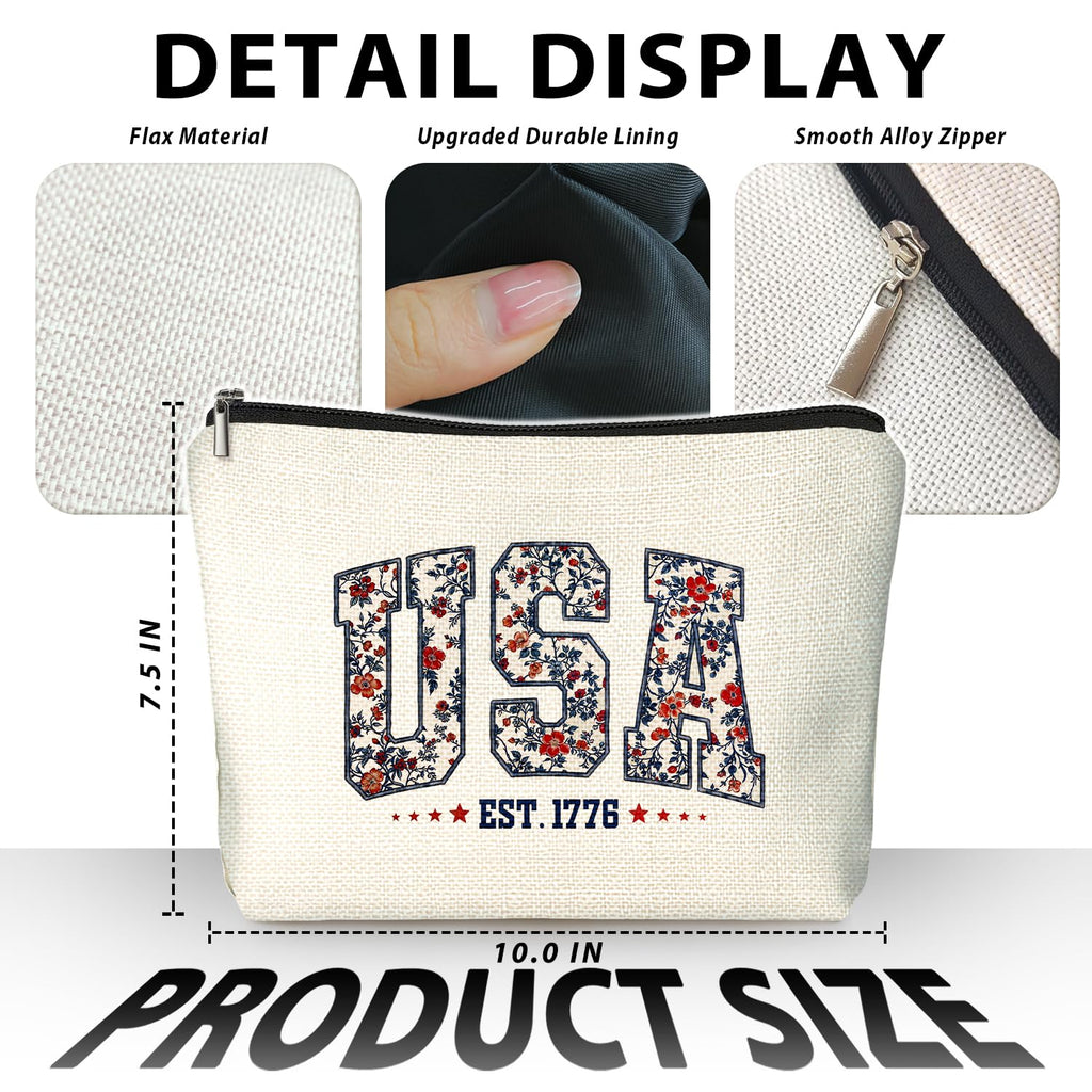 LIANGW Retro Floral USA 4th of July Makeup Bag, America Patriotic Cosmetic Bags for Women, Red White and Blue USA Toiletry Bag for Women, cosmetic bag, makeup case