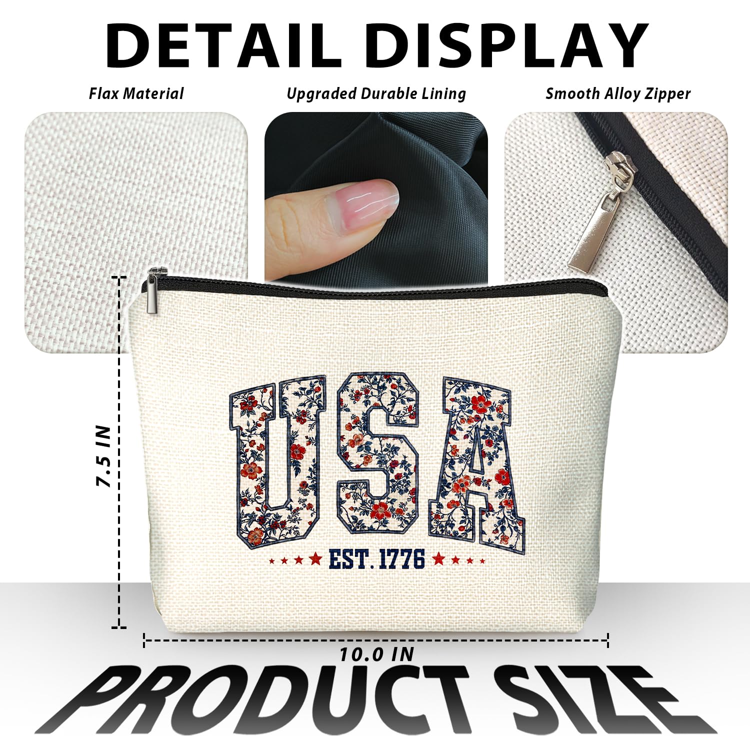 LIANGW Retro Floral USA 4th of July Makeup Bag, America Patriotic Cosmetic Bags for Women, Red White and Blue USA Toiletry Bag for Women, cosmetic bag, makeup case