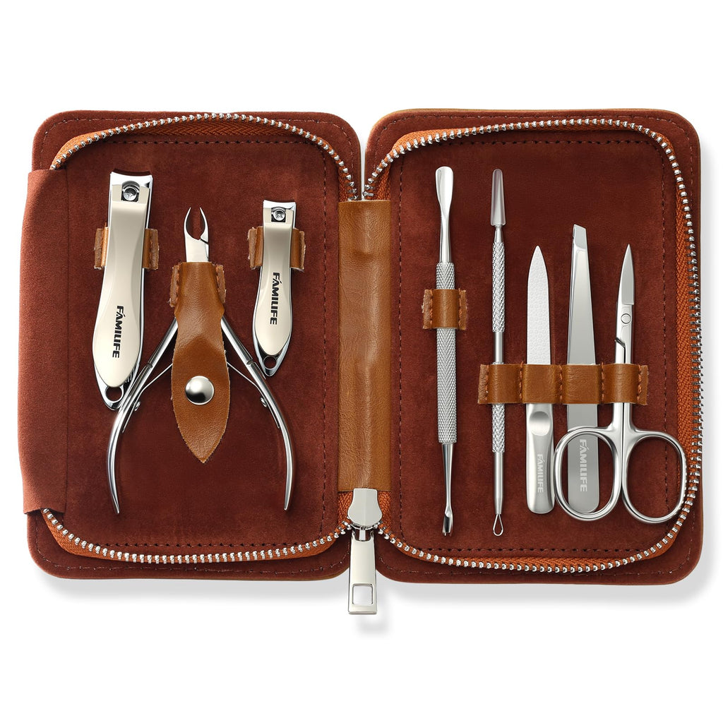 FAMILIFE Manicure Set, Nail Clippers Pedicure Tool, 8 pcs Stainless Steel Manicure Kit Professional Grooming Tool, Nail Kit with Portable Brown Leather Travel Case Luxury Gifts for Men Women
