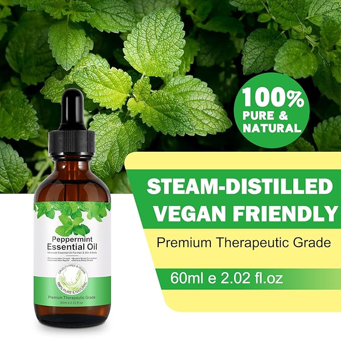 Akeeronn Peppermint Essential Oil 60ml, Natural Peppermint Oil for Hair Growth & Dandruff Removal - Perfect for Aromatherapy, Scalp and Body Massage, Refreshes, 2.02 fl.oz