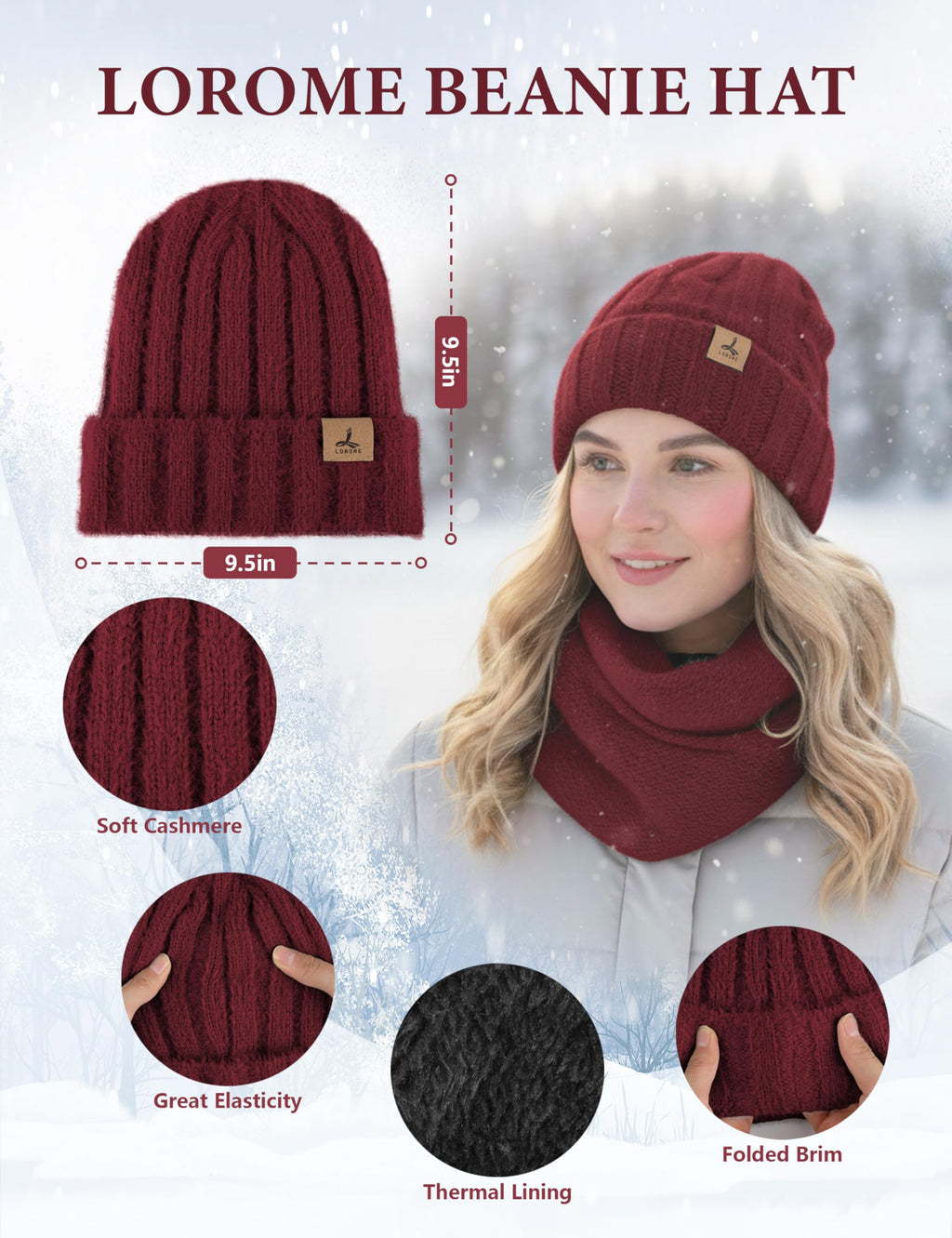 LOROME Winter Beanie Hat Gloves Scarf, Cashmere Hat Gloves Scarf Set Women