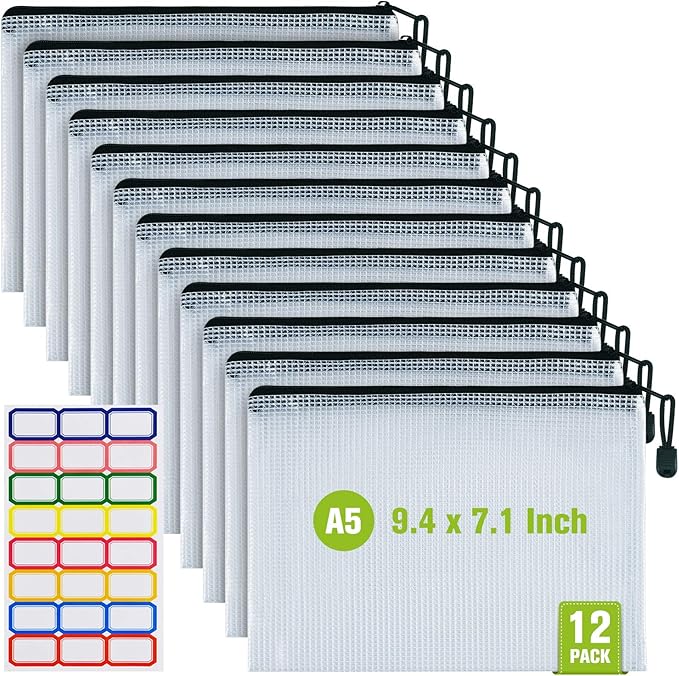 12PCS Mesh Zipper Pouch Bags: A5 Clear Zipper Pouches for Classroom, Black