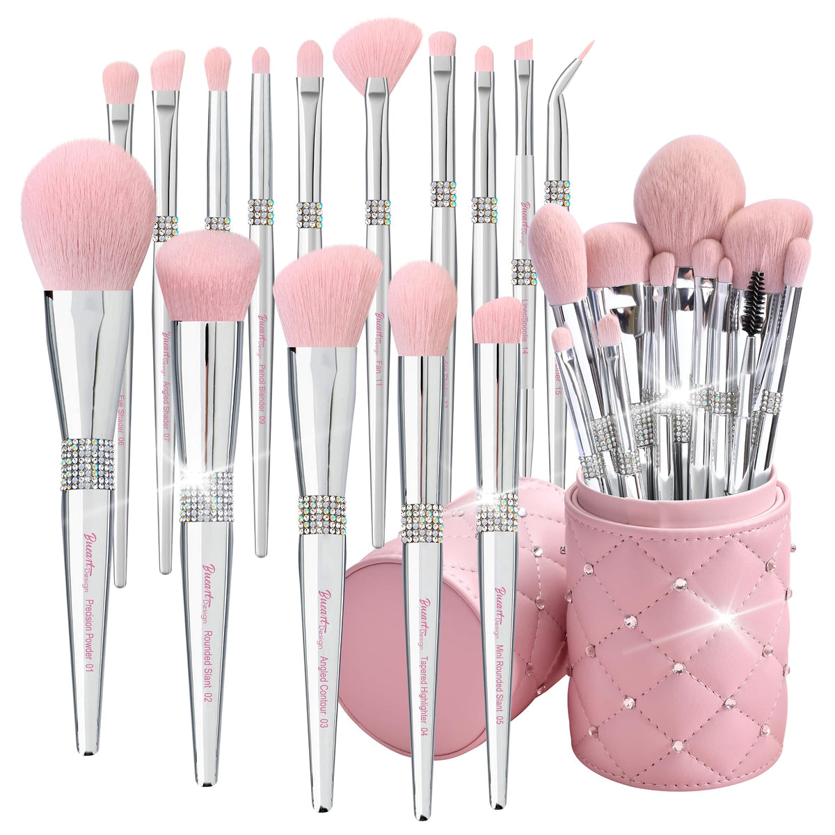Bueart Design 15Pcs Labeled Makeup Brushes Set with Elegant Pink Holder