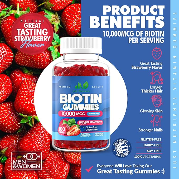 Biotin 10,000mcg Gummies for Hair Growth, Skin & Nails (100 Count)