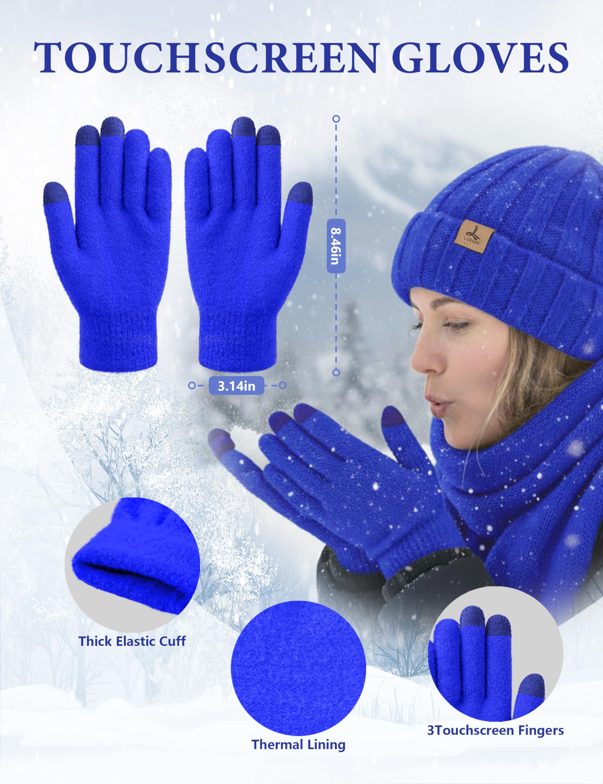 LOROME Winter Beanie Hat Gloves Scarf, Cashmere Hat Gloves Scarf Set Women