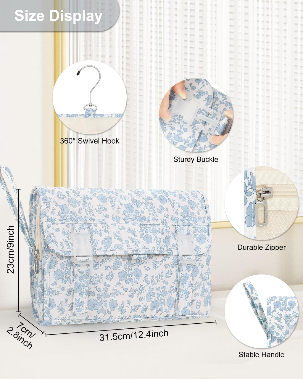 Relavel Travel Toiletry Bag with Hanging Hook, Floral Toiletries Bag