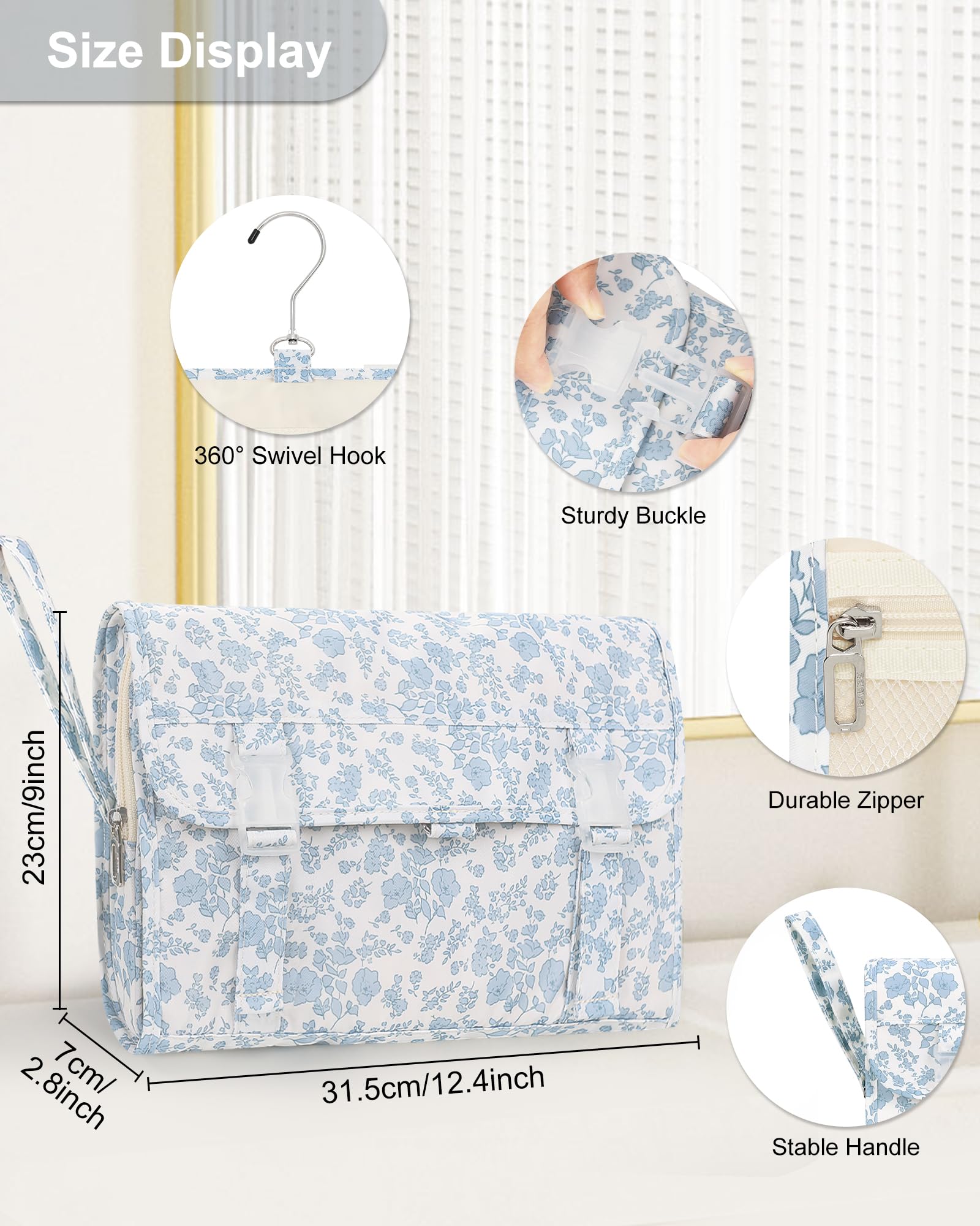 Relavel Travel Toiletry Bag with Hanging Hook, Floral Toiletries Bag