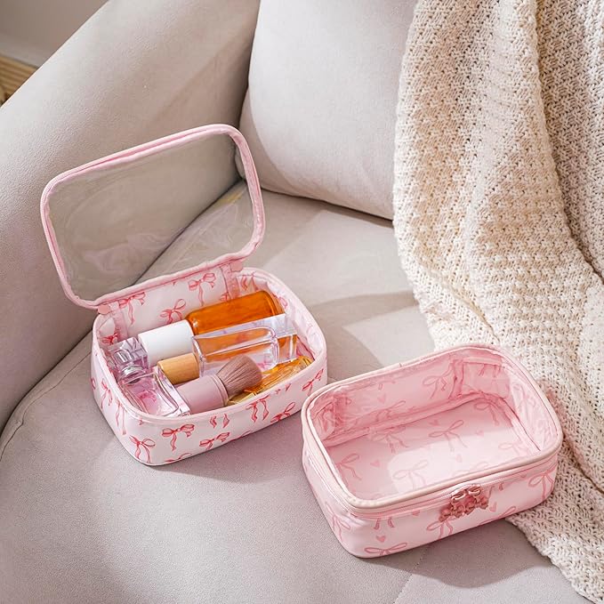 RSRSLEII Cute Clear Makeup Bag with Bow Patten,Transparent Nylon Travel Cosmetic Case with Zipper,Portable Makeup Organizer Pouch for Essentials(05Pinkbow-white)