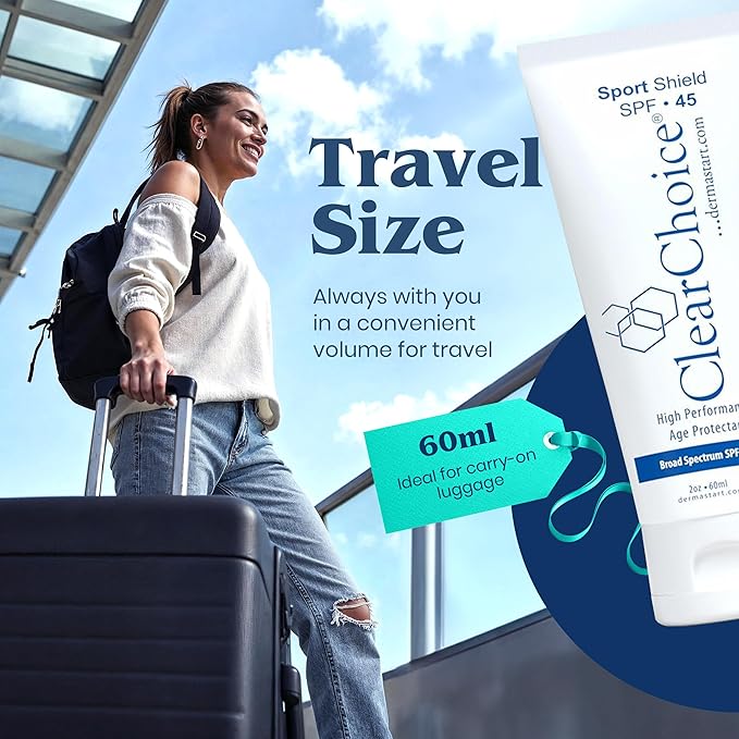 ClearChoice Sport Shield SPF 45 Travel Size – Mineral Sunscreen & Moisturizer for Face | Zinc Oxide, No White Cast, Water Resistant 80 Min | Non-Comedogenic | Dermatologist Recommended | 2 oz / 60 ml
