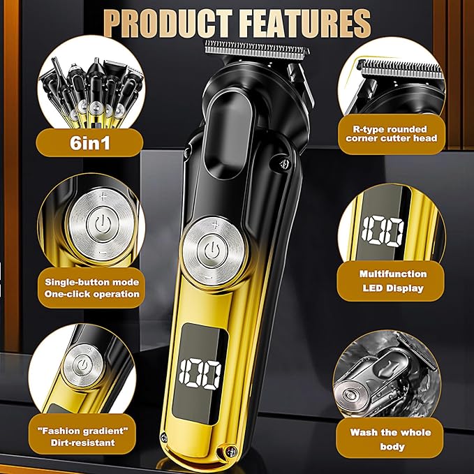 6-in-1 Hair Clipper Beard Trimmer for Men, IPX6 Waterproof Electric Shaver