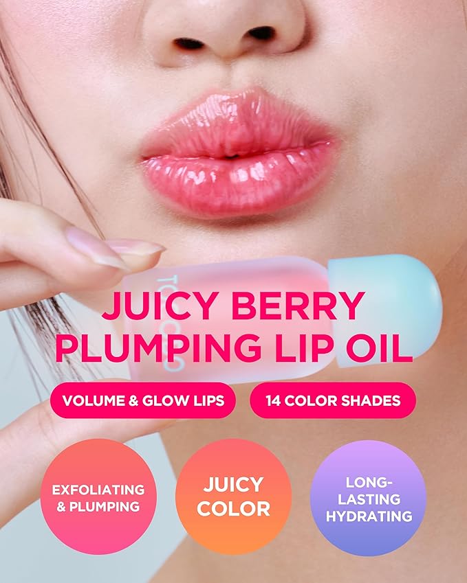 TOCOBO Juicy Berry Plumping Lip Oil 18 Cozy Pink (Muted Rose) – Korean Vegan Tinted Gloss with Volufiline™ | Universal MLBB, Silicone Tip, Non-Sticky, 0.12 fl.oz