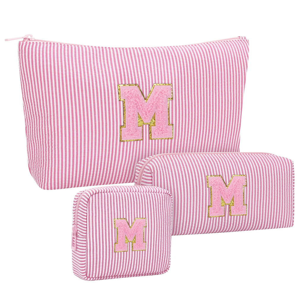 MONSTINA Mom Gifts for Mom, Personalized Initial Makeup Bag Cosmetic Bags for Women Cute|Makeup Pouch Birthday Gifts for Mother,Birthday Gift for Her Cute Toiletry Bag,3PCS Pink M