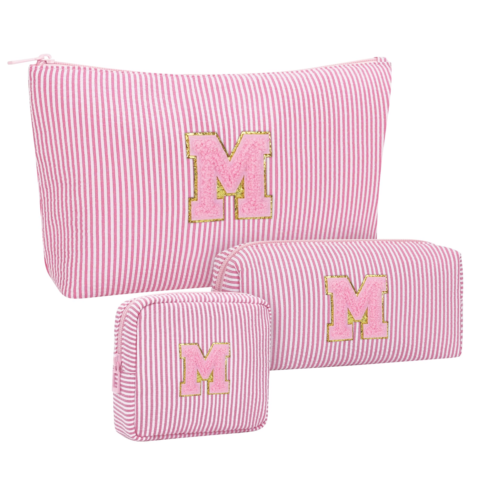 MONSTINA Mom Gifts for Mom, Personalized Initial Makeup Bag Cosmetic Bags for Women Cute|Makeup Pouch Birthday Gifts for Mother,Birthday Gift for Her Cute Toiletry Bag,3PCS Pink M