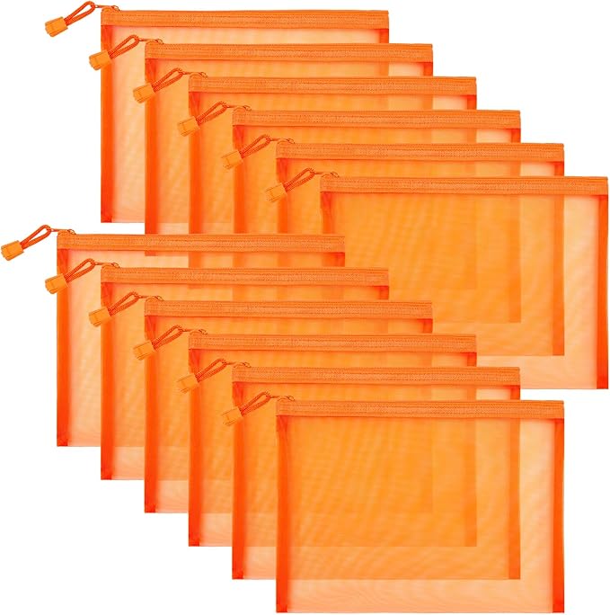 Sinzip 12 Pieces Zipper Nylon Mesh Pouch, Mesh Cosmetic Bags Makeup Bags Pencil Case, Multipurpose Travel Bags for Cosmetic School Office Supplies and Travel Accessories (Orange, A5)