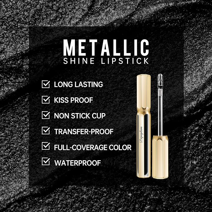 Depuplum Black Lipsticks for Women Metallic Glitter Lipstick Long Lasting