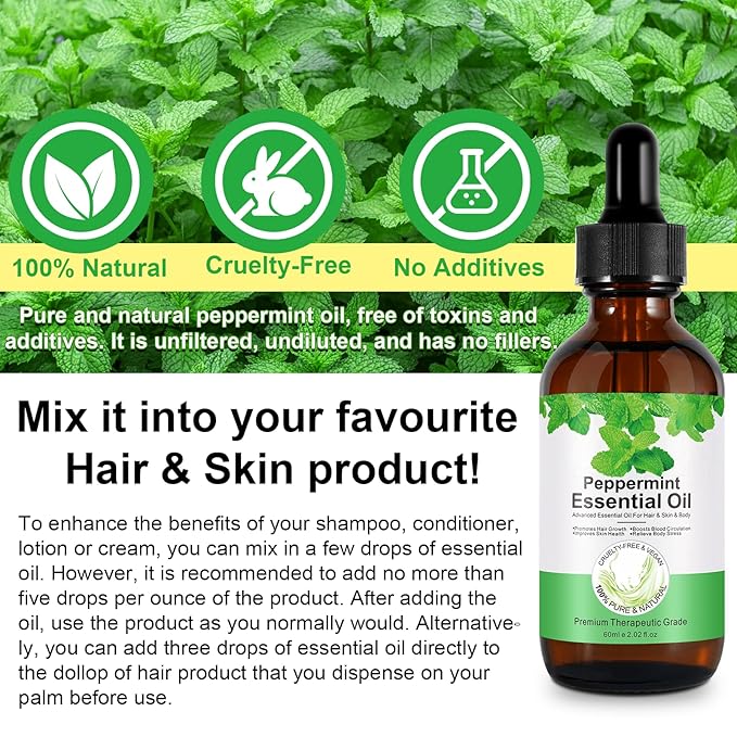 Akeeronn Peppermint Essential Oil 60ml, Natural Peppermint Oil for Hair Growth & Dandruff Removal - Perfect for Aromatherapy, Scalp and Body Massage, Refreshes, 2.02 fl.oz