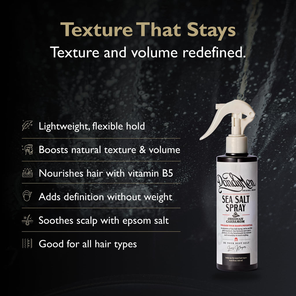 DandyMen Sea Salt Spray for Men – Texturizing & Volumizing Hair Spray for Beachy Waves, Matte Finish - Obsidian Cardamom, 1-pack
