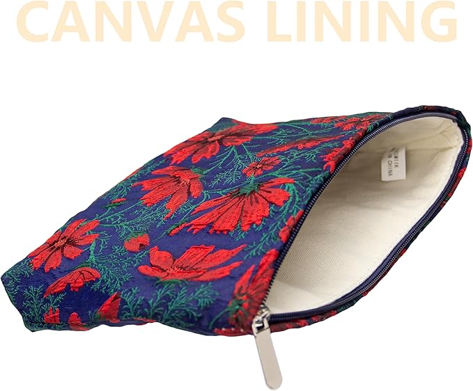Flat Makeup Bag for Women,Zipper Cosmetic Pouch for Purse,Brocade Navy Blue