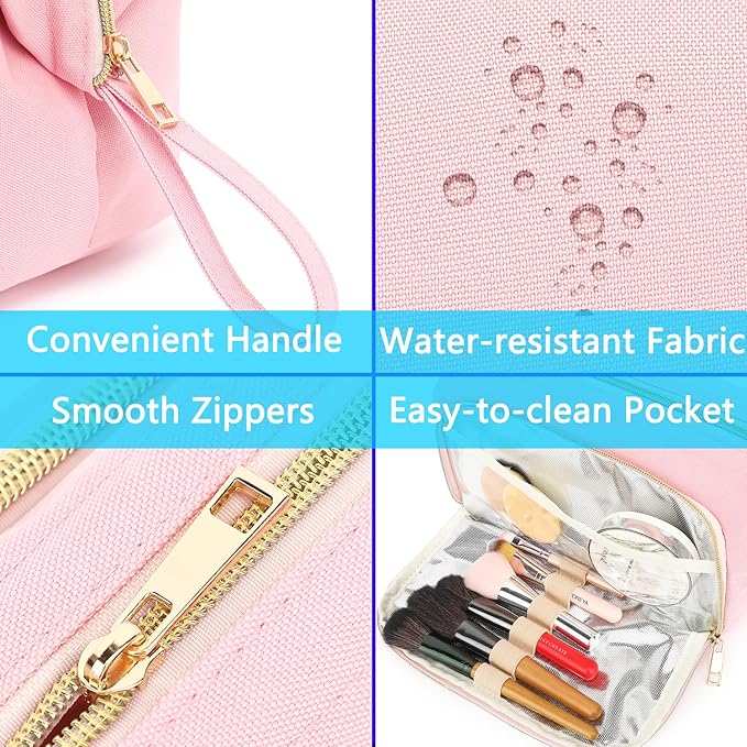 Fammart Travel Makeup Bag, Wide-open Cosmetic Bag Make Up Organizer Case with Brushes Pocket for Women, Large Family Toiletry Bag Skincare Pouch for Toiletries Accessories