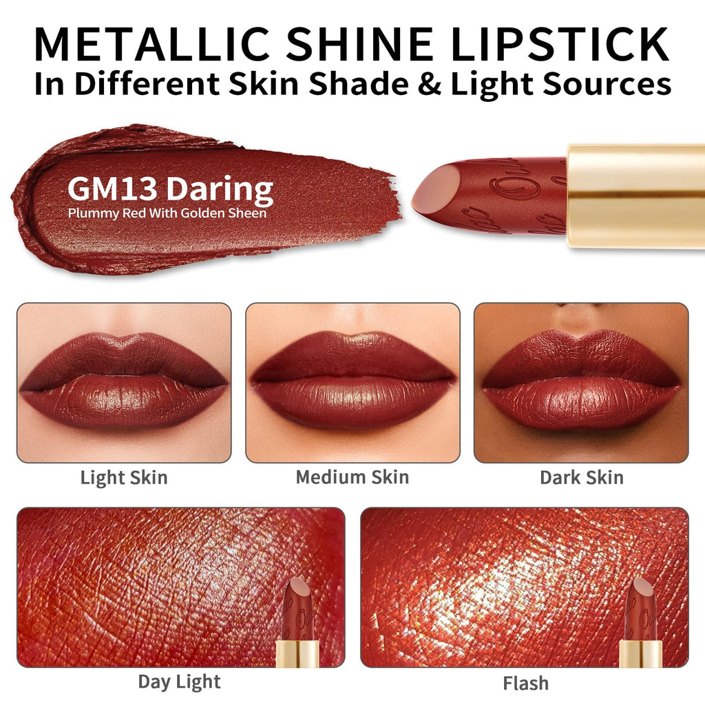 Oulac Matte Plummy Red Lipstick with Glow Metallic Finish - Vegan Lipstick for Women, Creamy Texture, Hydrating Clean Beauty Formula, High-End Magnetic Hook Design, GM13 Daring