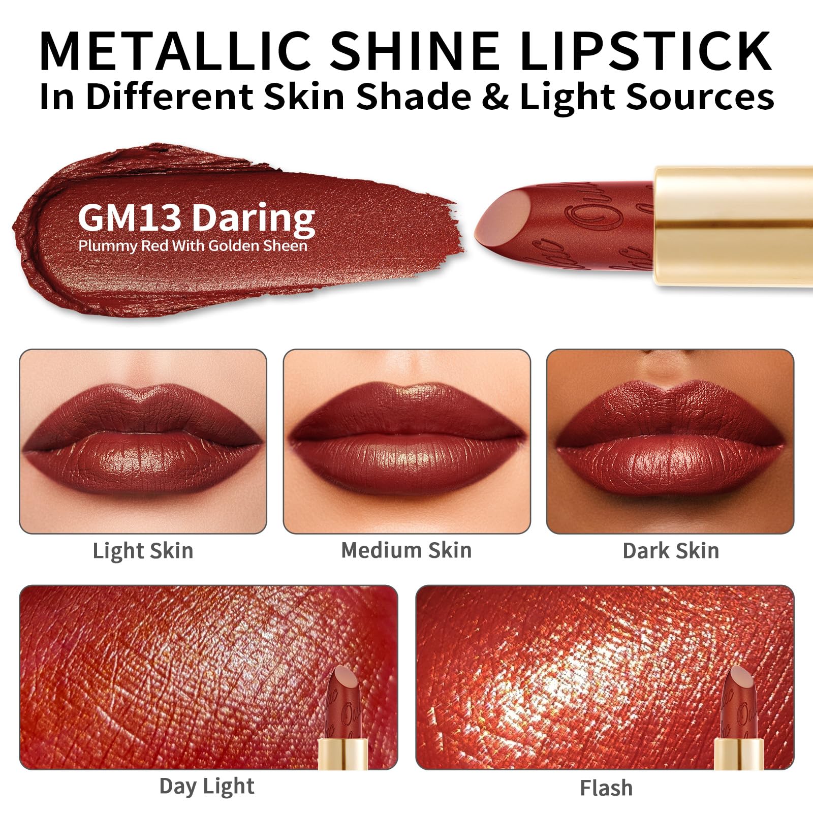 Oulac Matte Plummy Red Lipstick with Glow Metallic Finish - Vegan Lipstick for Women, Creamy Texture, Hydrating Clean Beauty Formula, High-End Magnetic Hook Design, GM13 Daring