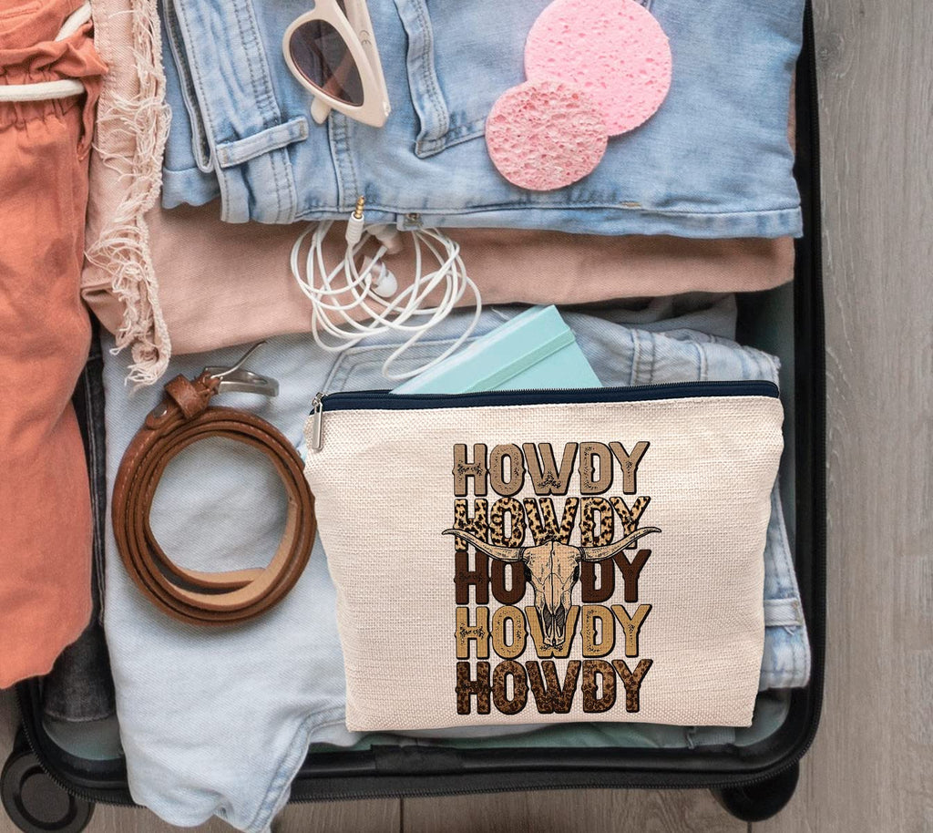 IWXYI Retro Western Leopard Cow Skull Howdy Decor Makeup Bag,Vintage Western Cowboy Howdy Women'S Make up Bag Zipper Pouch Travel Toiletry Gifts For Women Teenage Girls Girl