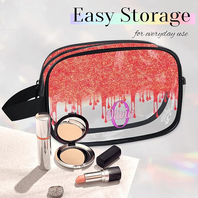 KFNHN Custom Travel Clear Cosmetic Bag with Name, Personalized Large Capacity Weekend PVC Transparent Toiletry Bag Portable Bathroom Makeup Organizer, Red Curtain Glittering