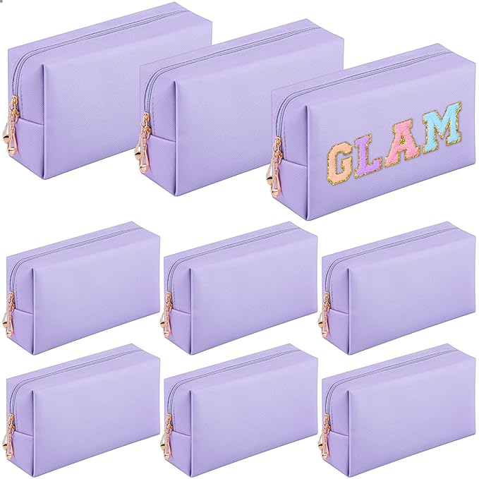 Sanwuta 9 Pcs Makeup Bags Bulk Bridesmaid Proposal Gifts Cosmetic Bags Preppy PU Leather Double Zipper Toiletry Pouch Portable Travel Organizer Case for Women Bachelorette Gift(Purple)