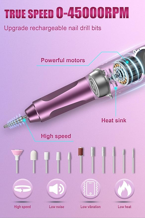 Electric Nail Drill Professional 45000RPM Cordless Electric Nail File Pink
