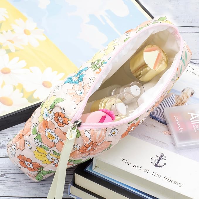 3 Piece Quilted Makeup Bag Set for Women,Cosmetic&Toiletry,Floral Orange