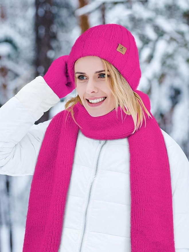 LOROME Winter Beanie Hat Gloves Scarf, Cashmere Hat Gloves Scarf Set Women