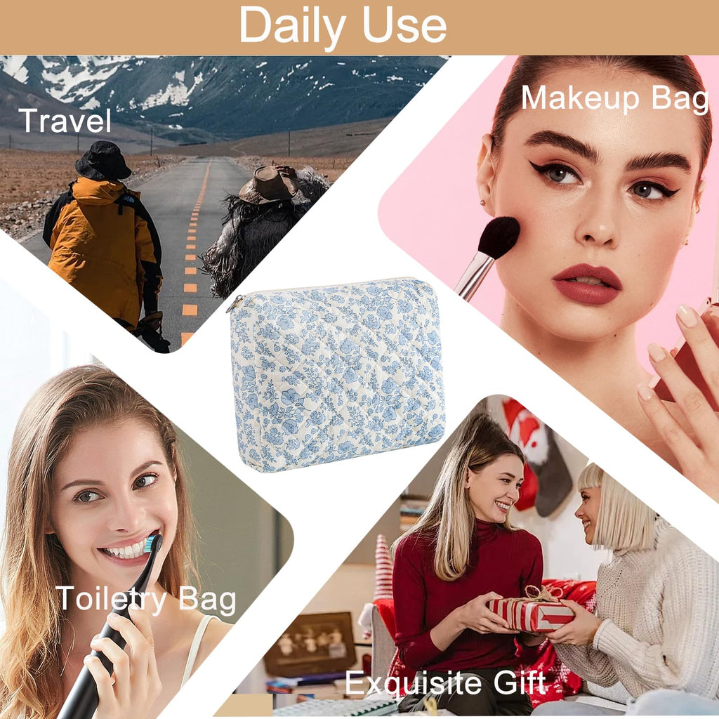 HHQQWZ Makeup Bag Travel Cosmetic Bag for Women Girls, Zipper Make Up Pouch, Floral Flowers Toiletry Organizer Makeup, Portable Storage Cosmetic Travel Cloth Bag (L/Blue Floral)