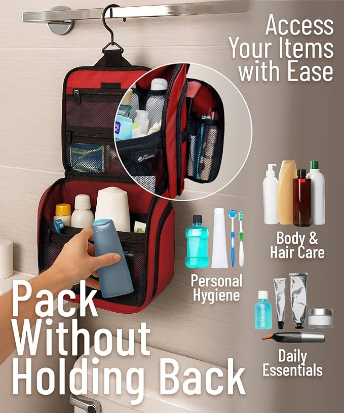 DD D&D Wanderlust D&D Hanging Travel Toiletry Bag for Men and Women – Cosmetics, Makeup and Toiletries Organizer Kit with 10 Compartments, Red, Medium