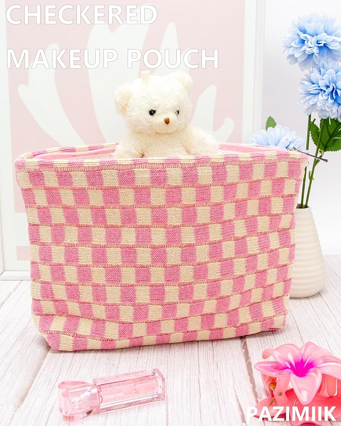Checkered Makeup Bag for Purse, Small Flat Cosmetic Pouch,Pink Beige