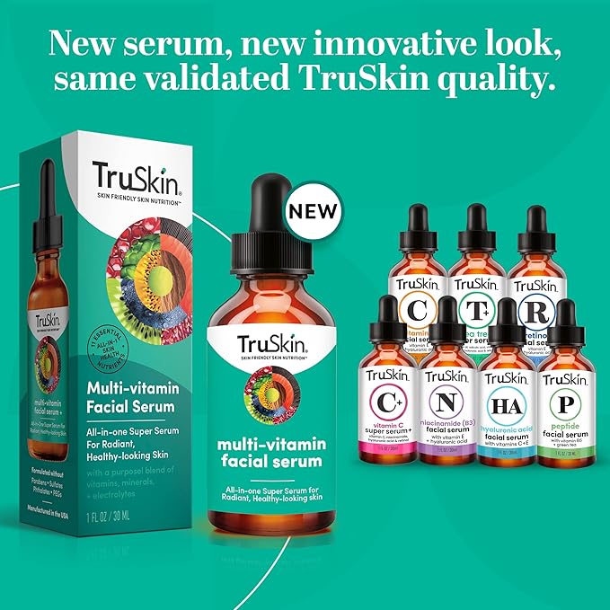 TruSkin Facial Serum with 11 Plant-Derived Vitamins & Minerals for Radiant, Healthy-Looking Skin - Powerful Antioxidants and Nourishing Vitamins for Skin Nutrition, 1 fl oz
