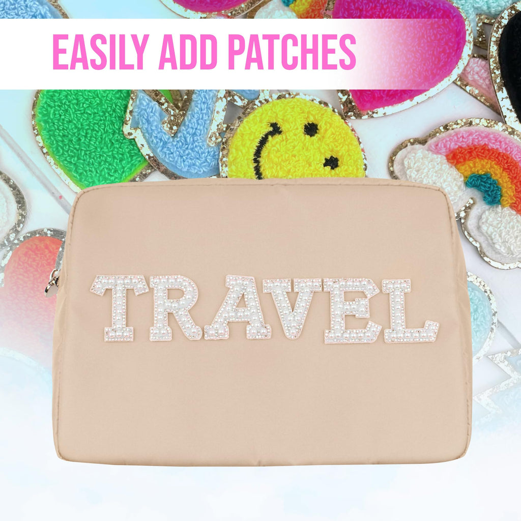 Large Beige Nylon Makeup Pouch - Cosmetic Travel Bag Organizer