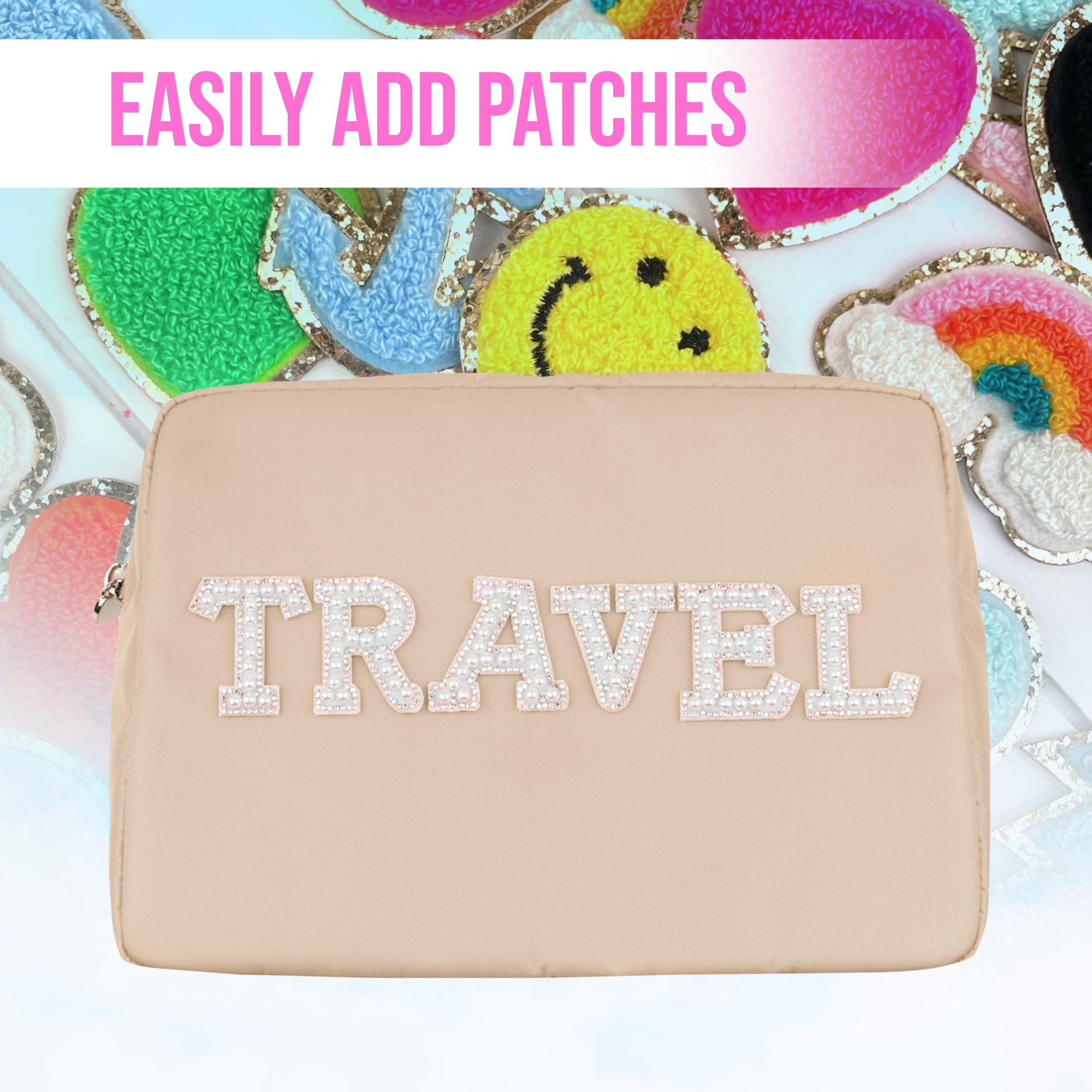 Large Beige Nylon Makeup Pouch - Cosmetic Travel Bag Organizer