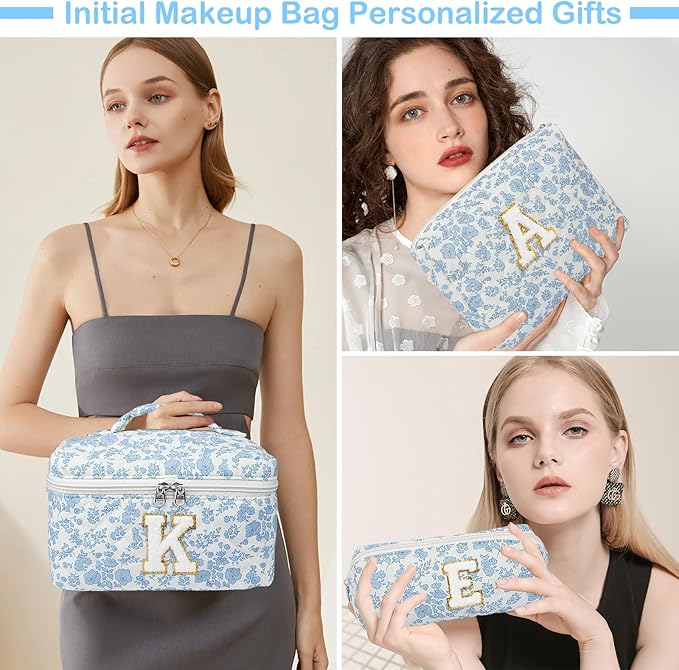 Junesters Initial Makeup Bag Set, Personalized Quilted Makeup Bag, Large Floral Cosmetic Bag for Women, Cute Cotton Custom Make up Bags, Flower Travel Toiletry Bag Teen Girl Gift Blue Flower S